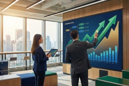 Two business professionals in a modern office, engaging with a large interactive screen showing financial growth and learning paths. City view.
