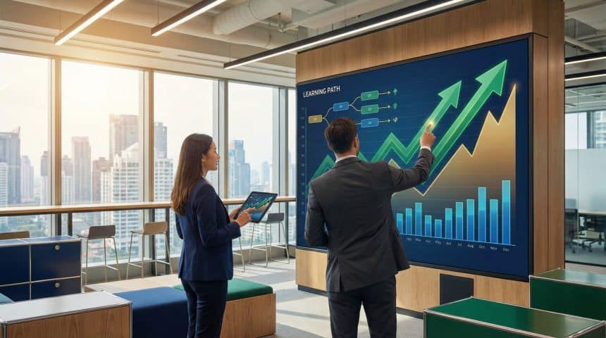 Two business professionals in a modern office, engaging with a large interactive screen showing financial growth and learning paths. City view.