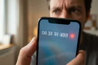 Close-up of a hand holding a smartphone, displaying a blurred '06' number and a red shield warning. A concerned face looks on.