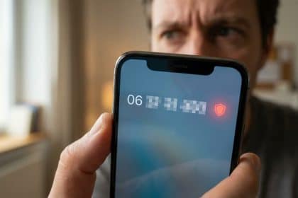 Close-up of a hand holding a smartphone, displaying a blurred '06' number and a red shield warning. A concerned face looks on.
