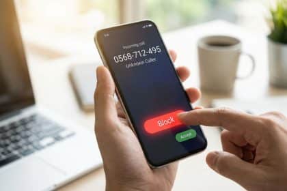 A hand holds a smartphone displaying an incoming call from 'Unknown Caller'. A finger is poised to tap the glowing red 'Block' button.