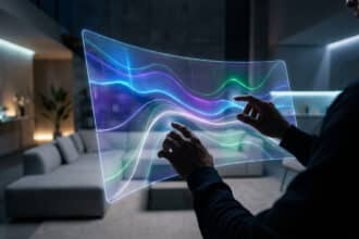 Mains d'une personne interagissant avec une interface holographique transparente affichant des courbes de données lumineuses et colorées dans un intérieur moderne.