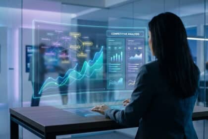 Femme analysant des données SEO et concurrentielles sur un écran holographique interactif dans un bureau moderne.