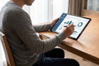 Un homme utilise une tablette avec stylet pour visualiser et gérer des données de contrats aidés sur un tableau de bord interactif.