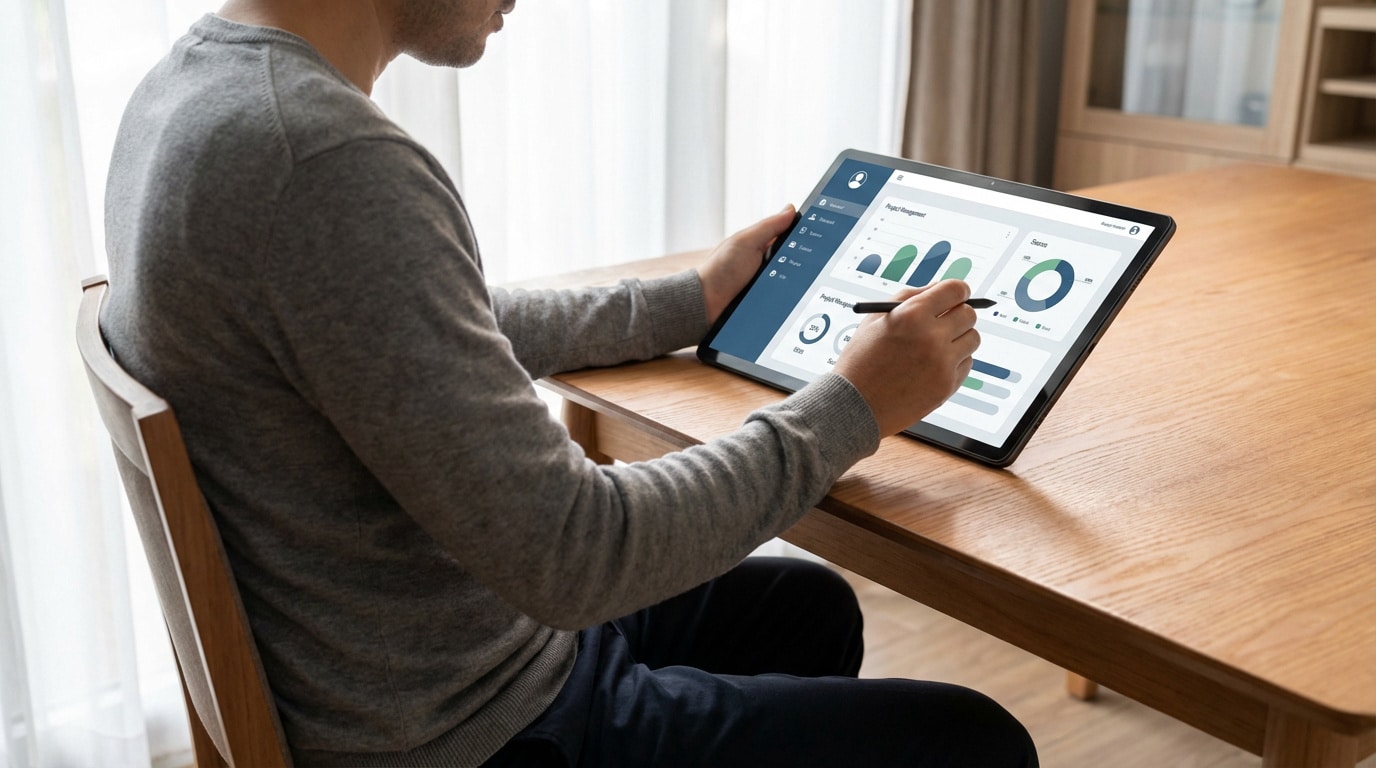 Un homme utilise une tablette avec stylet pour visualiser et gérer des données de contrats aidés sur un tableau de bord interactif.