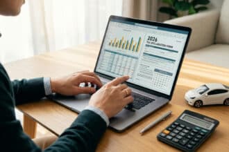 Personne simulant des frais kilométriques 2026 sur un PC avec un formulaire fiscal, une voiture miniature et une calculatrice sur le bureau.