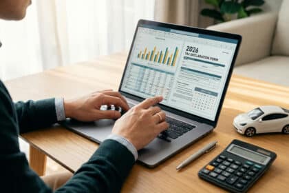 Personne simulant des frais kilométriques 2026 sur un PC avec un formulaire fiscal, une voiture miniature et une calculatrice sur le bureau.
