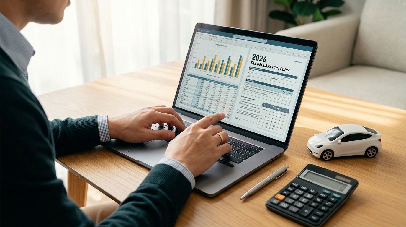 Personne simulant des frais kilométriques 2026 sur un PC avec un formulaire fiscal, une voiture miniature et une calculatrice sur le bureau.