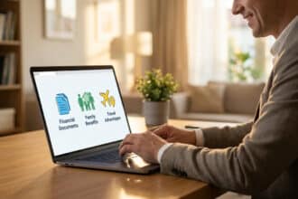 Un homme souriant utilise un ordinateur portable affichant 'Financial Documents', 'Family Benefits', 'Travel Advantages'. Il gère des infos en ligne.
