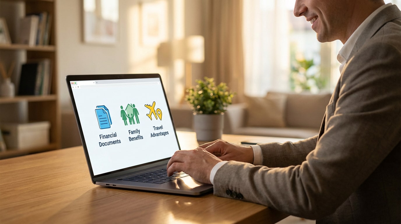 Un homme souriant utilise un ordinateur portable affichant 'Financial Documents', 'Family Benefits', 'Travel Advantages'. Il gère des infos en ligne.