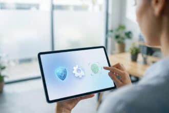 Personne utilisant une tablette affichant des icônes de sécurité, de paramètres et une empreinte digitale. Un doigt touche l'icône d'empreinte.