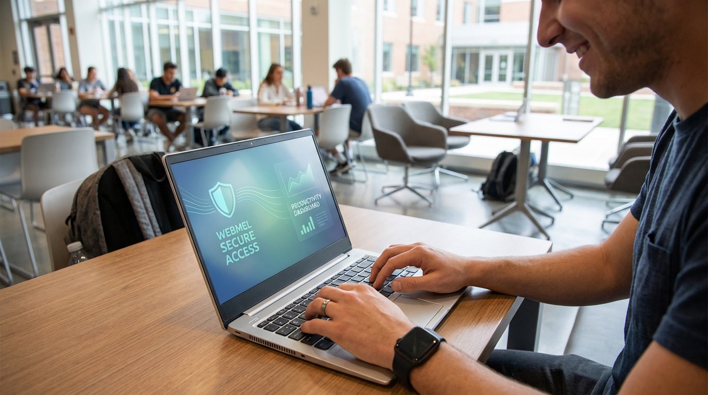 Étudiant utilisant un laptop avec écran "WEBMEL SECURE ACCESS" dans un espace d'étude moderne. D'autres étudiants travaillent en arrière-plan.