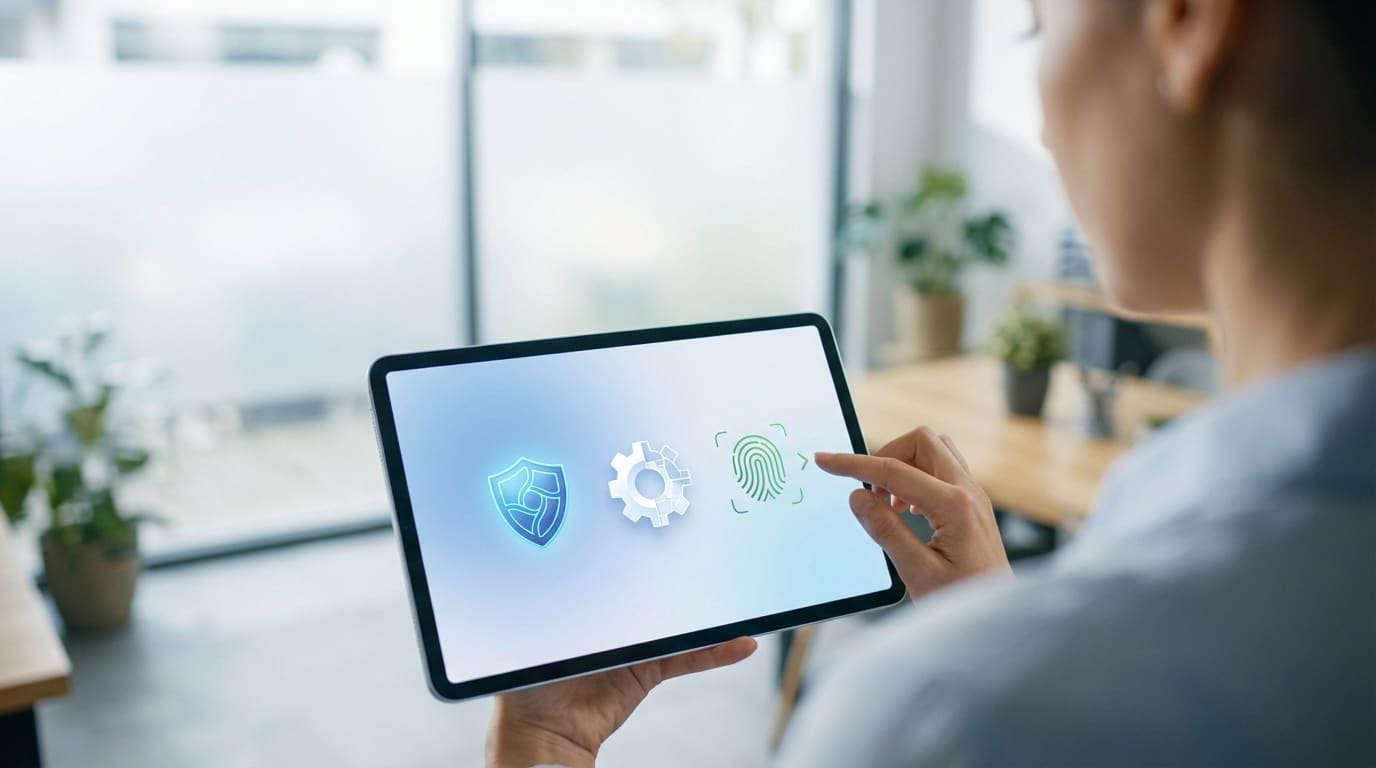 Personne utilisant une tablette affichant des icônes de sécurité, de paramètres et une empreinte digitale. Un doigt touche l'icône d'empreinte.