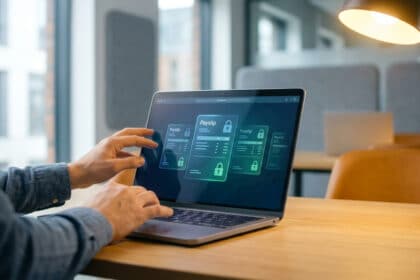 Une personne utilise un ordinateur portable pour consulter des bulletins de paie numériques. L'écran affiche des documents avec des cadenas verts, symbolisant un accès sécurisé.