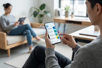 Homme lisant des actualités sur un smartphone avec des lignes de données. Femme sur canapé lisant une tablette en arrière-plan.