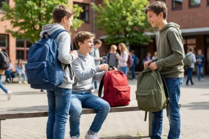 Trois adolescents discutent devant un collège, chacun avec un sac à dos de couleur différente (bleu, rouge, kaki).
