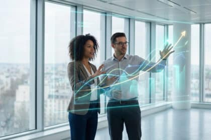 Deux professionnels analysent des données financières via un hologramme dans un bureau moderne avec vue sur Paris et la Tour Eiffel.