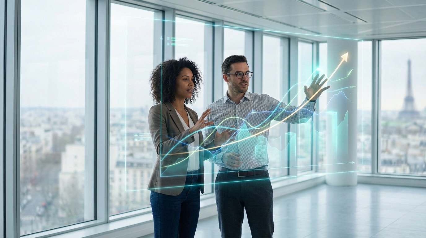 Deux professionnels analysent des données financières via un hologramme dans un bureau moderne avec vue sur Paris et la Tour Eiffel.