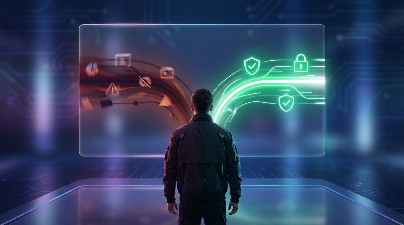 Homme face à un écran holographique divisé : cybermenaces à gauche (rouge), protection et sécurité à droite (vert).