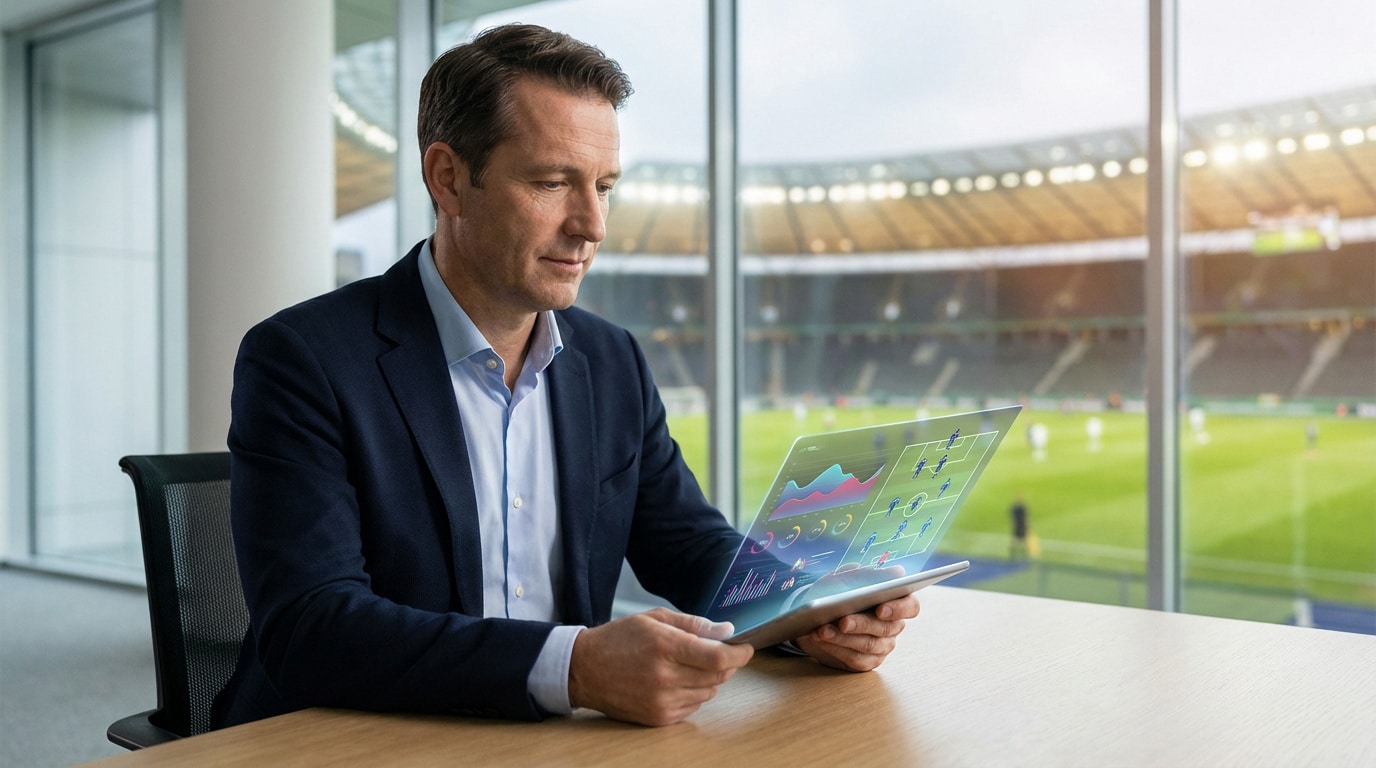 Homme en costume analysant données footballistiques holographiques sur tablette, face à un stade de football.