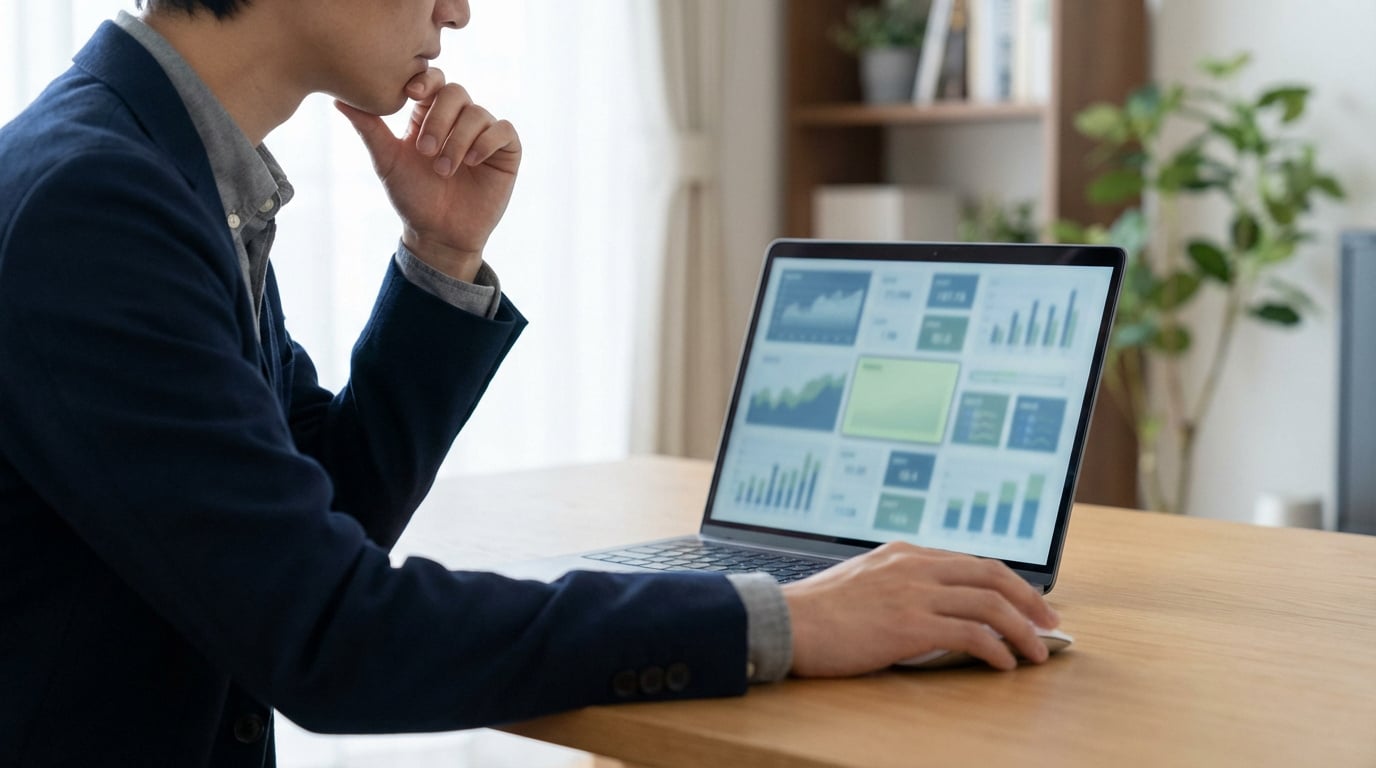 Homme pensif analysant des graphiques de données financières sur un laptop, main sur le menton, souris en main.