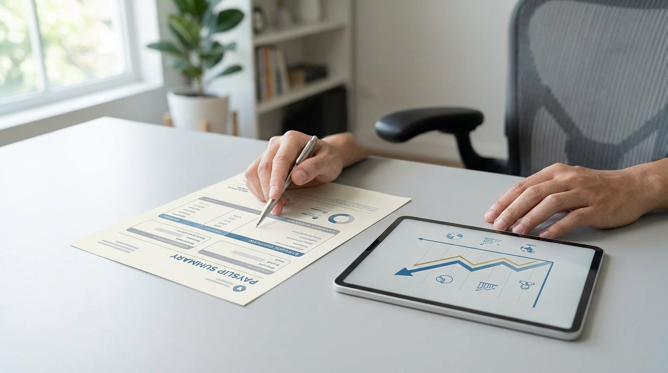 Mains analysant un récapitulatif de paie et un graphique sur tablette, illustrant le calcul du SMIC horaire net 2026.