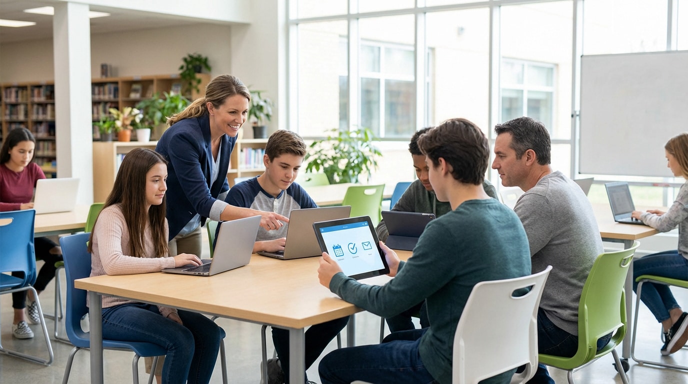 Professeure aidant des élèves avec des ordinateurs et tablettes dans une salle de classe moderne, illustrant un ENT accessible et facile.