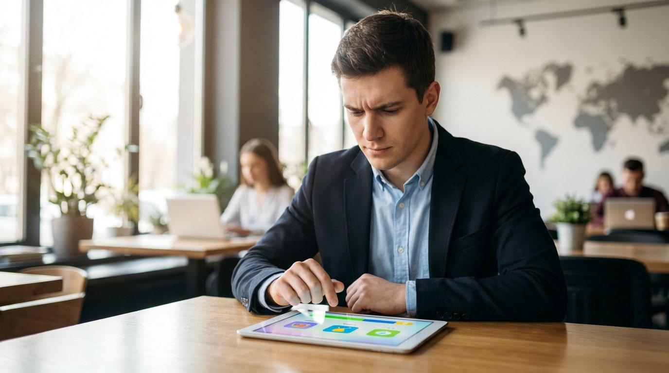 Homme en costume concentré sur une tablette, utilisant une application d'apprentissage linguistique dans un café lumineux.