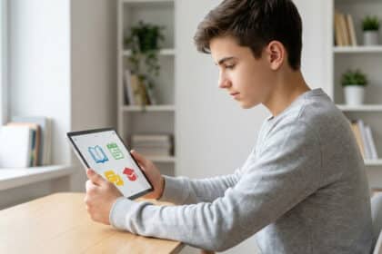 Jeune étudiant concentré sur une tablette affichant des icônes éducatives (livre, calendrier). Il accède aux ressources de l'ENT NeoVar.