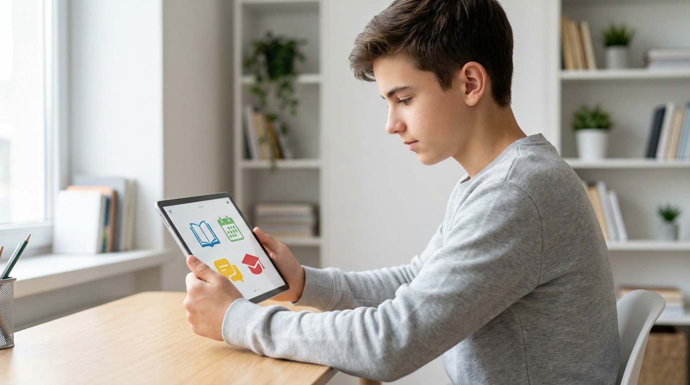 Jeune étudiant concentré sur une tablette affichant des icônes éducatives (livre, calendrier). Il accède aux ressources de l'ENT NeoVar.