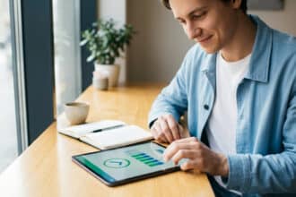 Jeune homme souriant en chemise bleue utilise une tablette montrant des graphiques. Sur une table en bois, près d'une fenêtre, avec cahier et tasse.