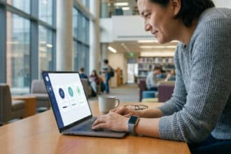 Personne souriante utilisant un ordinateur portable affichant une application avec des icônes, dans un environnement d'étude moderne.