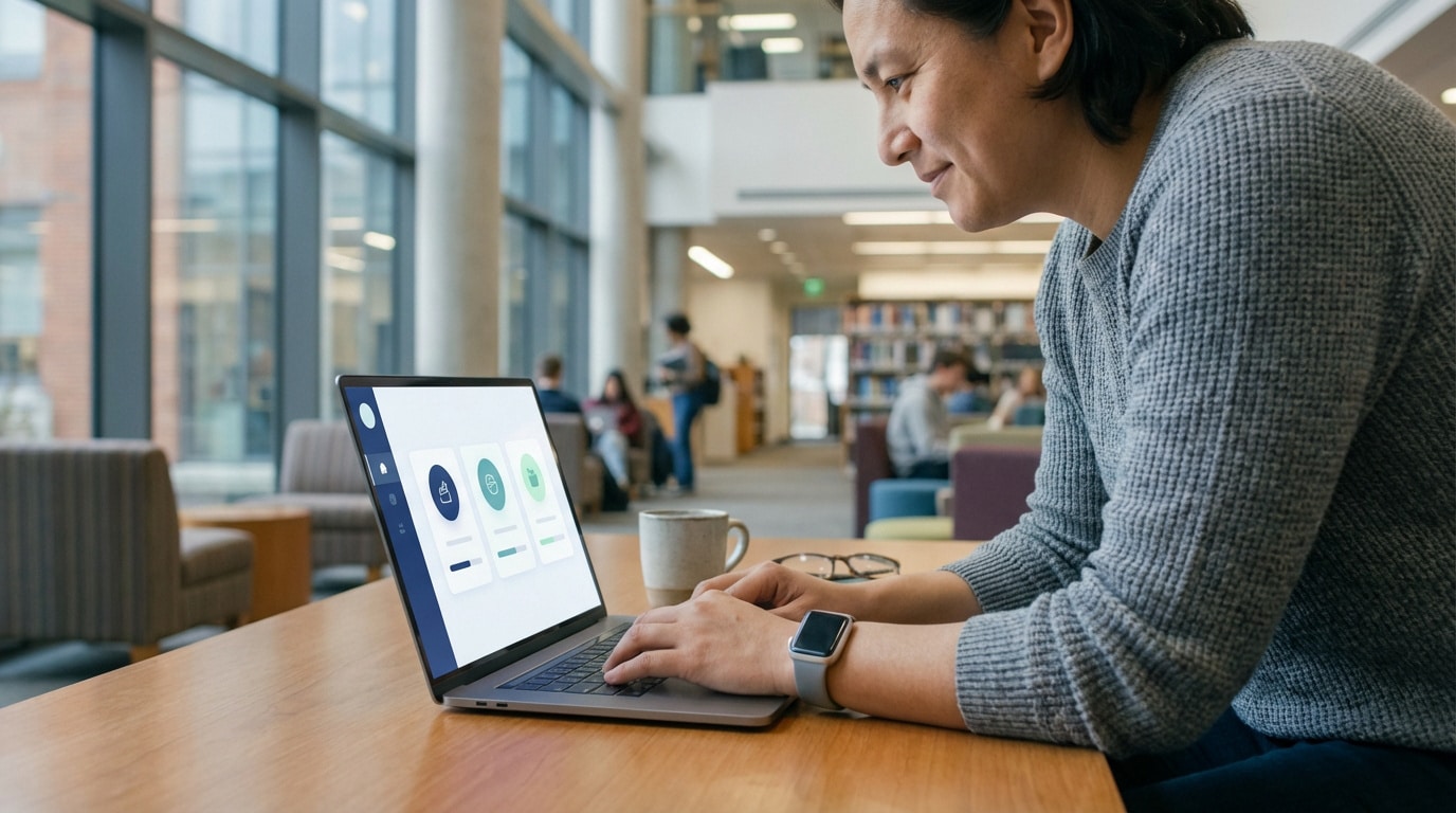 Personne souriante utilisant un ordinateur portable affichant une application avec des icônes, dans un environnement d'étude moderne.