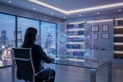 Une personne utilise un écran holographique affichant des données juridiques et un cerveau IA dans un bureau moderne avec vue sur la ville.