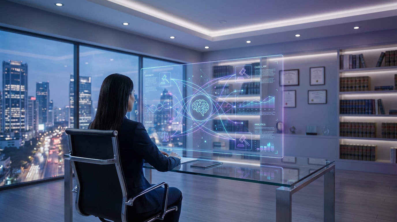 Une personne utilise un écran holographique affichant des données juridiques et un cerveau IA dans un bureau moderne avec vue sur la ville.