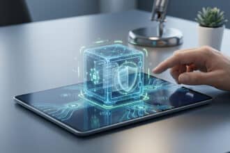 Main interagissant avec une tablette affichant un coffre-fort numérique holographique, protégeant bulletins de paie et contrats.
