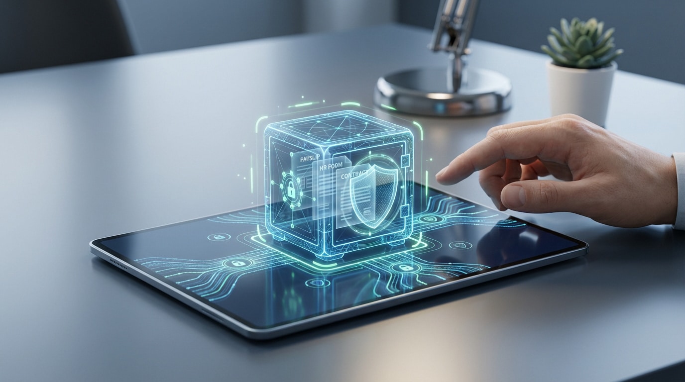Main interagissant avec une tablette affichant un coffre-fort numérique holographique, protégeant bulletins de paie et contrats.
