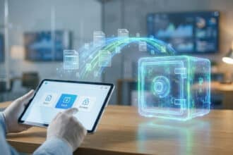 Personne accédant à son coffre-fort numérique sécurisé sur tablette, avec des documents numérisés et un coffre-fort holographique.
