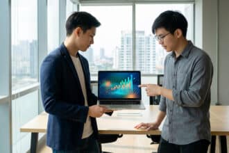 Deux professionnels analysent un graphique de données sur un laptop dans un bureau moderne avec vue sur la ville.