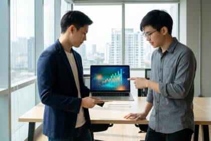 Deux professionnels analysent un graphique de données sur un laptop dans un bureau moderne avec vue sur la ville.