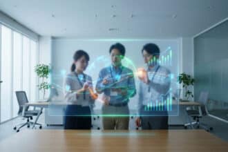 Trois professionnels interagissent avec un écran holographique affichant données, graphiques de croissance et icônes de sécurité dans un bureau moderne.