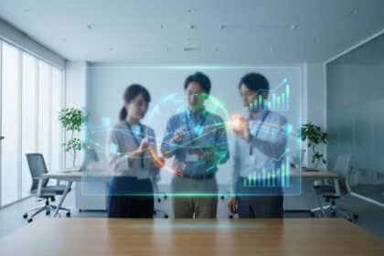 Trois professionnels interagissent avec un écran holographique affichant données, graphiques de croissance et icônes de sécurité dans un bureau moderne.