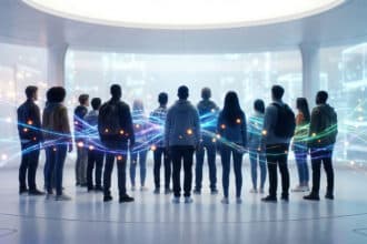 Groupe de jeunes, dos à l'objectif, entouré de lignes lumineuses symbolisant les connexions numériques et l'engagement social.