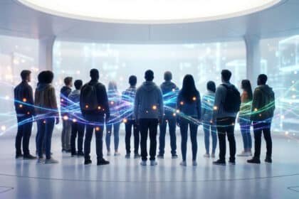 Groupe de jeunes, dos à l'objectif, entouré de lignes lumineuses symbolisant les connexions numériques et l'engagement social.