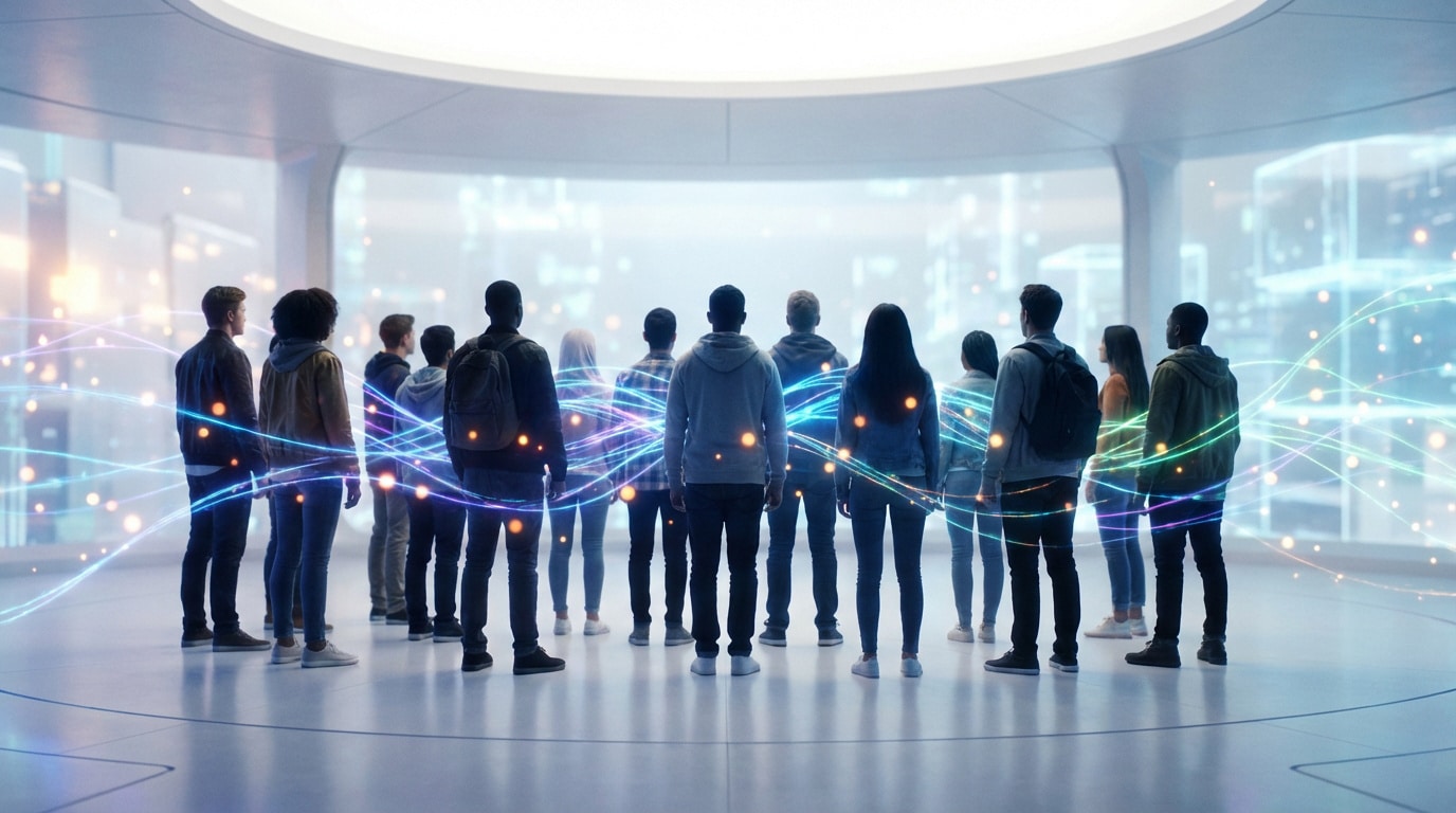 Groupe de jeunes, dos à l'objectif, entouré de lignes lumineuses symbolisant les connexions numériques et l'engagement social.