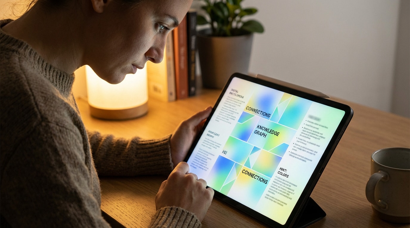 Femme concentrée devant une tablette affichant un « Knowledge Graph » coloré. Lampe chaude et livres en arrière-plan.