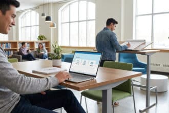 Jeune homme utilise un laptop avec un portail intranet dans un espace académique moderne. D'autres étudiants travaillent et discutent.