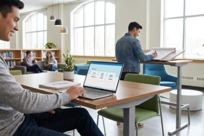 Jeune homme utilise un laptop avec un portail intranet dans un espace académique moderne. D'autres étudiants travaillent et discutent.