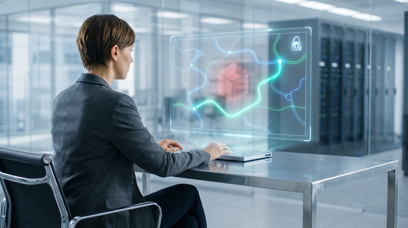 Femme travaillant sur un écran holographique affichant un réseau, un cube et un cadenas, dans un data center moderne.