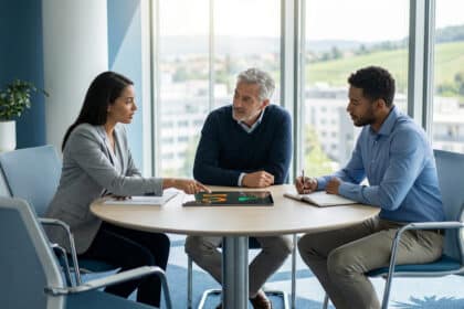 Trois consultants IES, dont une femme montrant des données sur tablette, en réunion stratégique dans un bureau lumineux.